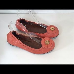TORY BURCH SAMBA ORANGE BLOSSOM FLOWER CALF LEATHER FLATS SZ 8